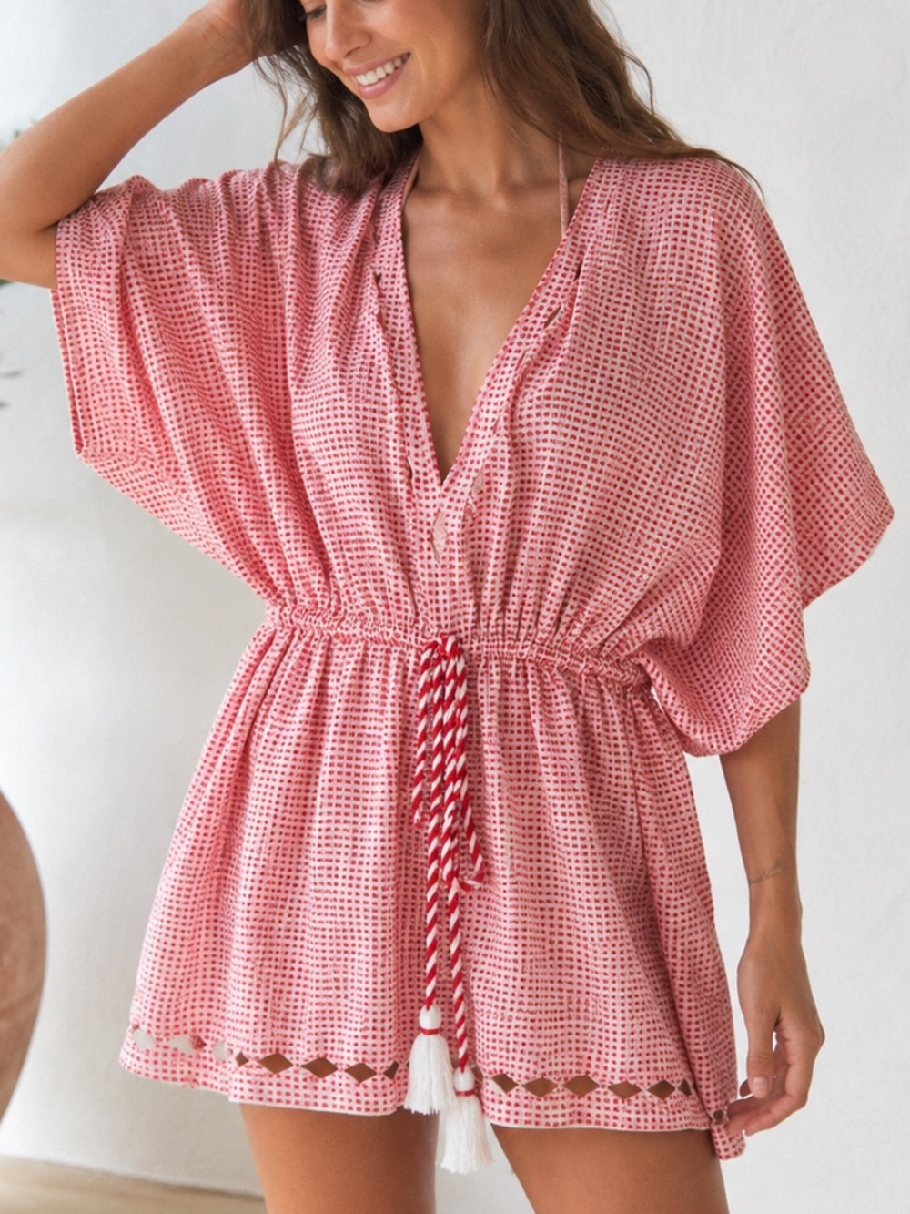 Evarae Reverse Pink Women's Swim Cover-Up Tunic with Tassel Waist